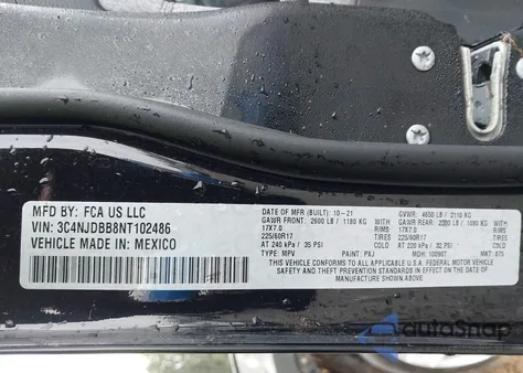 2022 Jeep Compass Latitude 4X4 z USA, uszkodzony, nr VIN 3C4NJDBB8NT102486